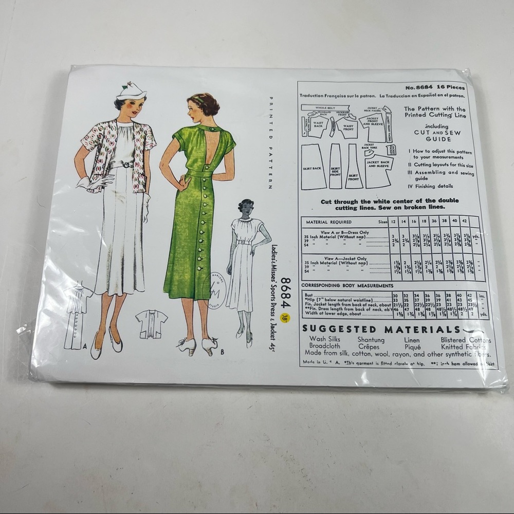 Lady Marlowe 1936 Reproduction Vintage Dress & Jacket Pattern - 8684 ML